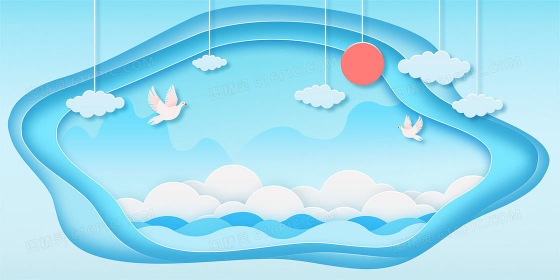 春天蓝天白云鸽子立体剪纸风背景