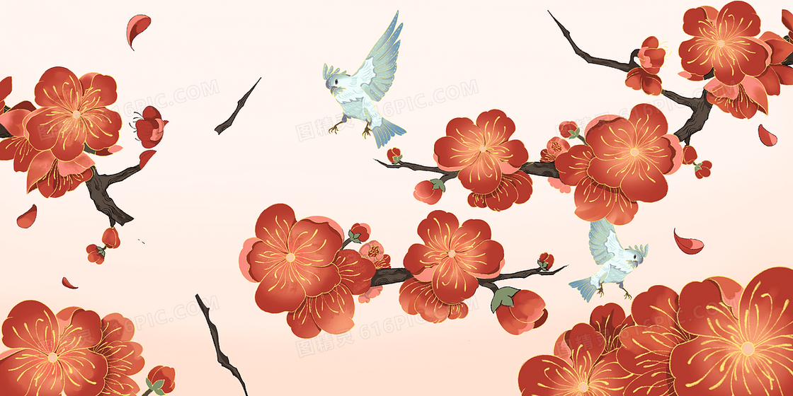 红色免抠一月梅花手绘背景