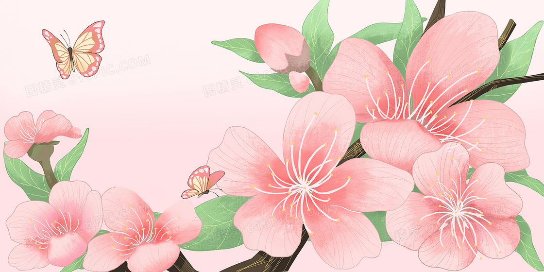 粉色免抠三月桃花手绘背景