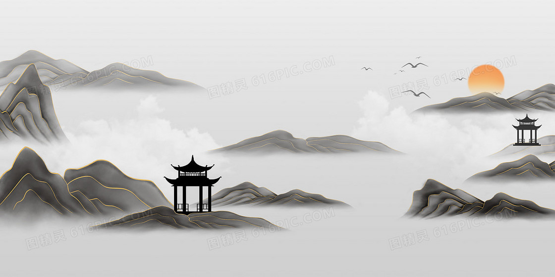 创意简约质感中式山水亭子背景