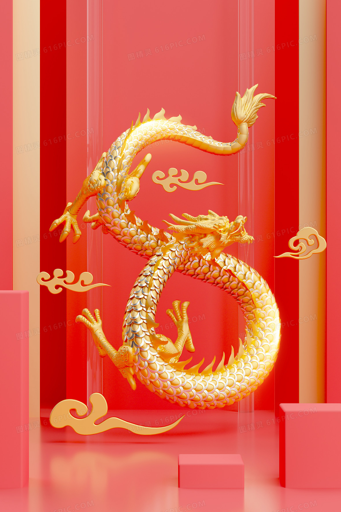 红金c4d立体龙 年中国龙背景