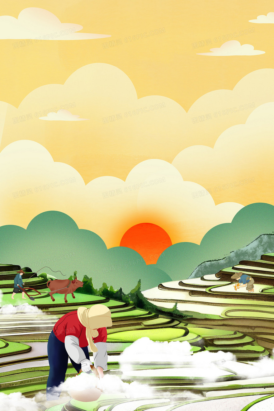 二十四节气芒种插画风农民播种农田背景
