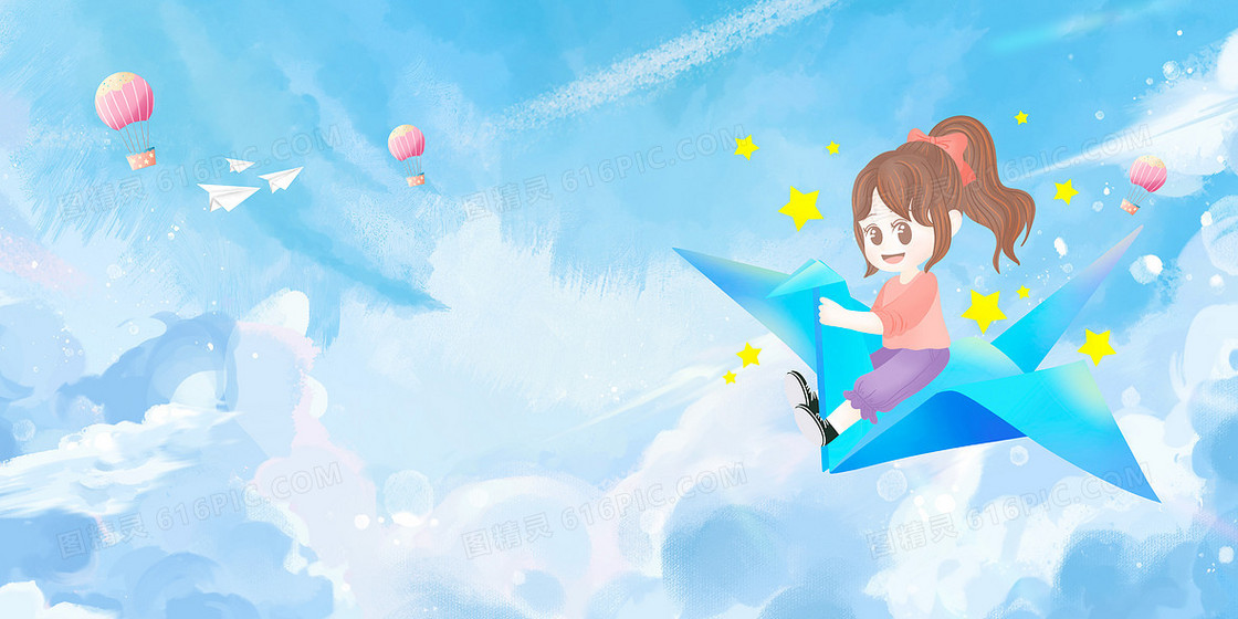 蓝天白云千纸鹤女孩卡通插画背景