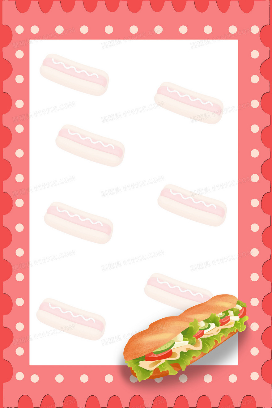 红色卡通手绘热狗三明治食物底纹背景