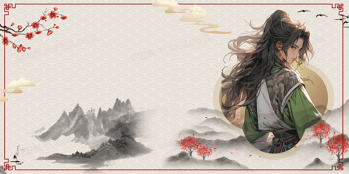 中国风古风水墨山水女将军人物背景