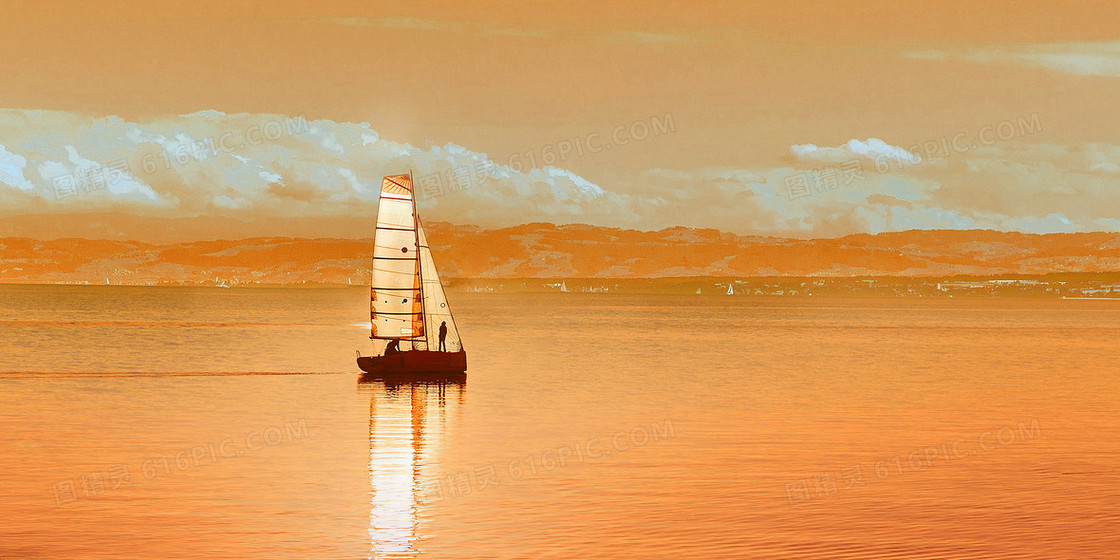 橙色落日夕阳帆船合成背景