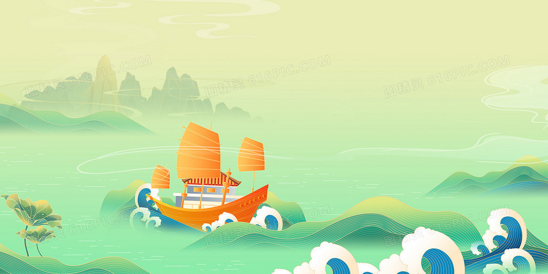 国潮船渐变中国风背景