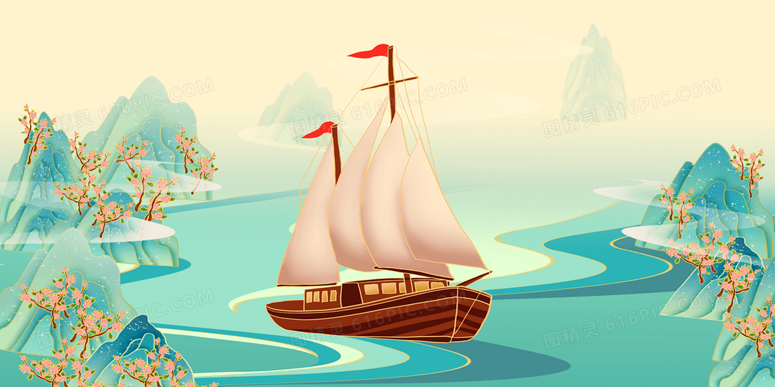 国潮帆船合成背景