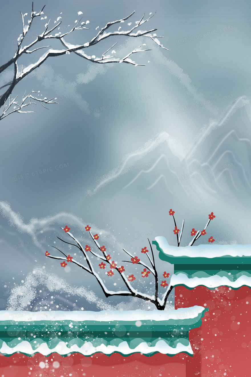 中国风大雪节气下雪城墙背景
