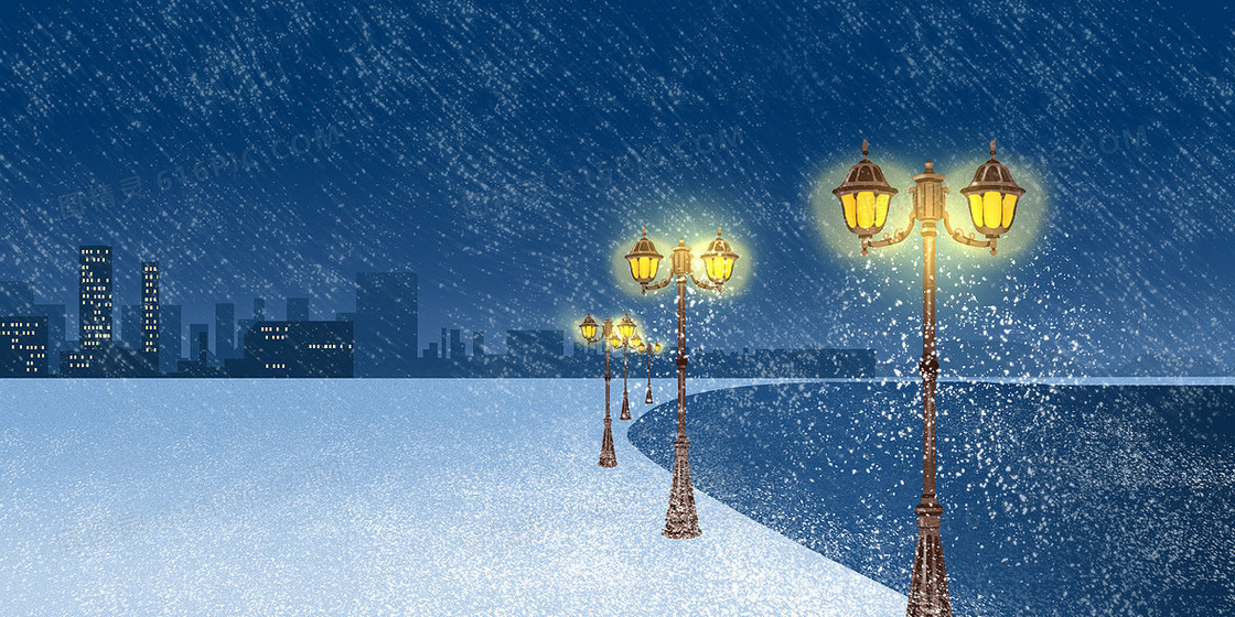 蓝色插画风雪夜路灯背景