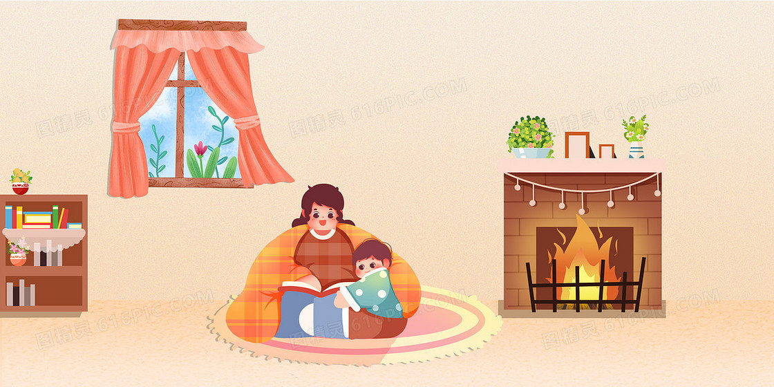 彩色手绘创意插画冬季防寒保暖取暖宅家合成背景