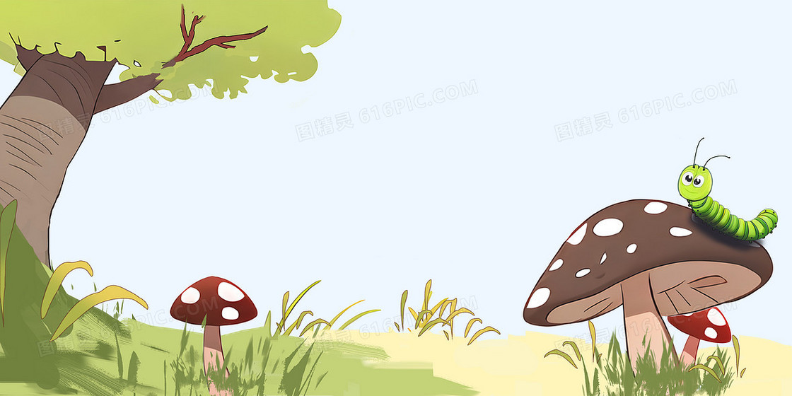 绿色手绘插画扁平风格蘑菇毛毛虫背景