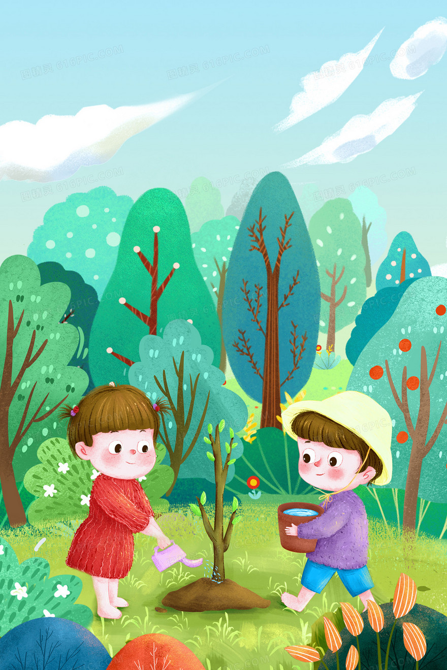 简约手绘植树节种树插画