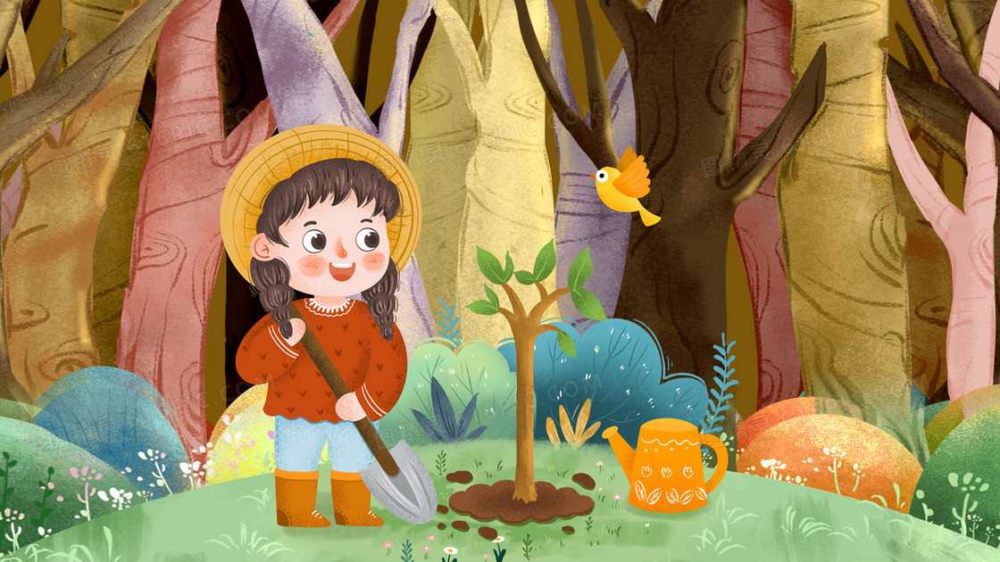 手绘卡通小女孩种树插画