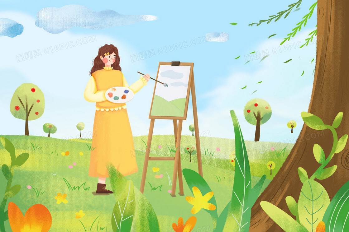 唯美清新春天绘画女孩插画