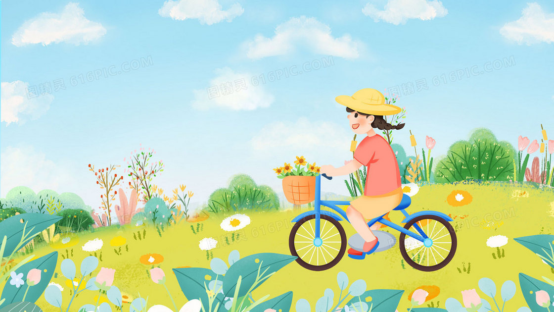 绿色春天小女孩骑行卡通花丛植物插画