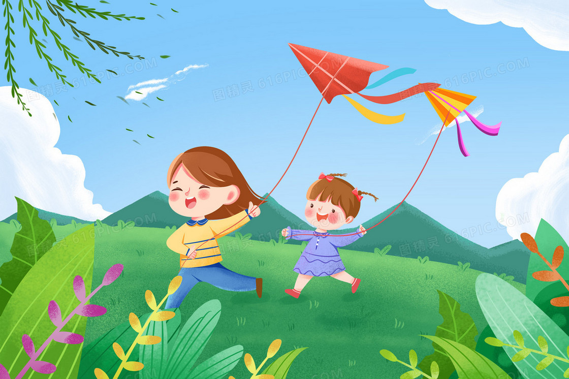 唯美清新春天女孩们一起放风筝插画