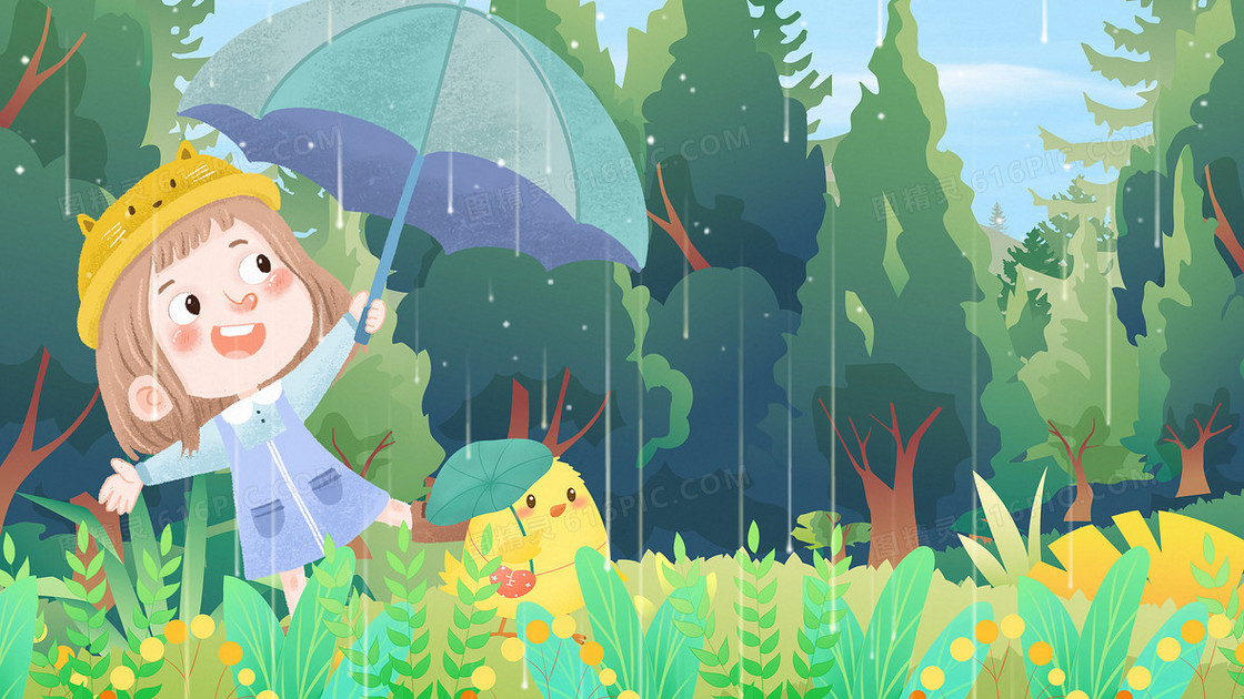 卡通森林小女孩与小鸡撑伞插画