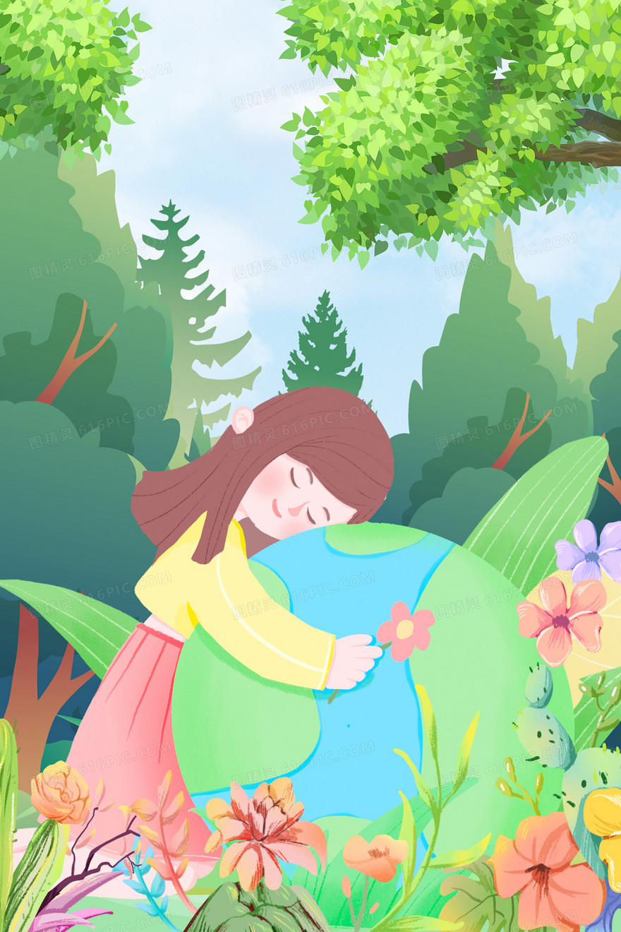 蓝色卡通森林女孩拥抱地球插画
