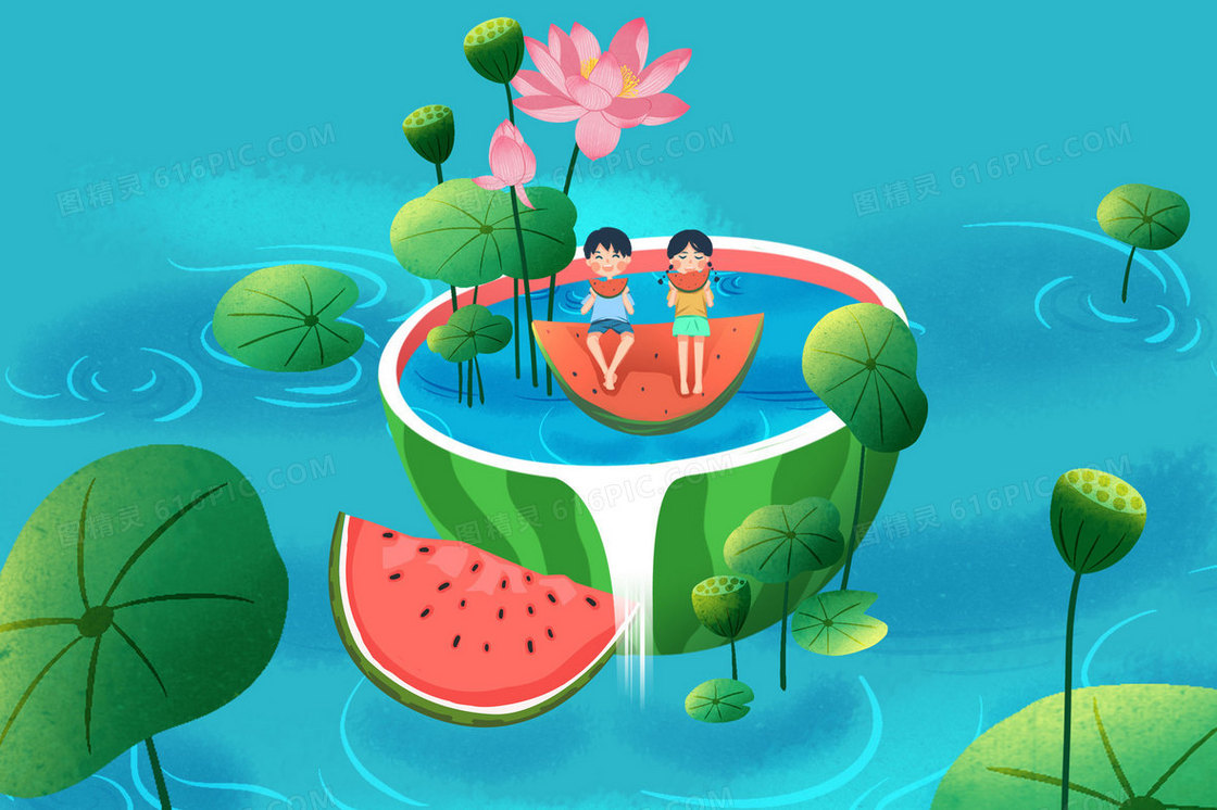 立夏节气小朋友在荷花池塘吃西瓜创意插画