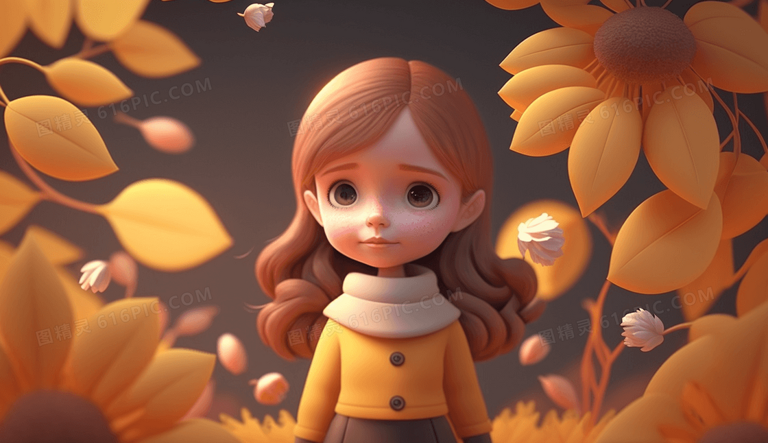 秋天唯美黏土风美丽落叶可爱俏皮的小女孩插画