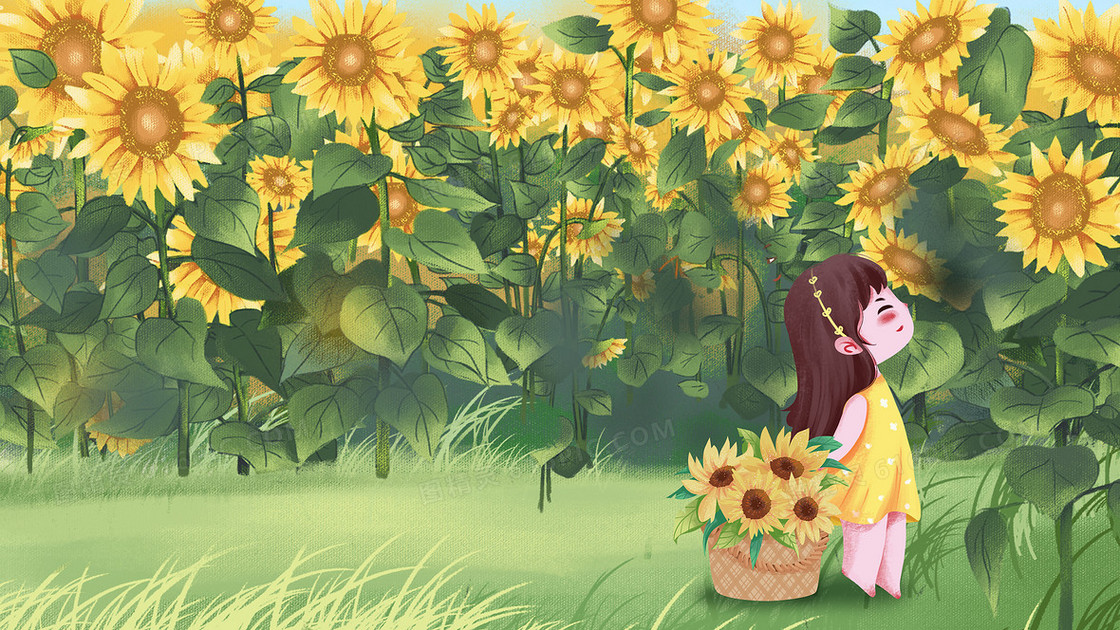 唯美清新夏季女孩与向日葵插画