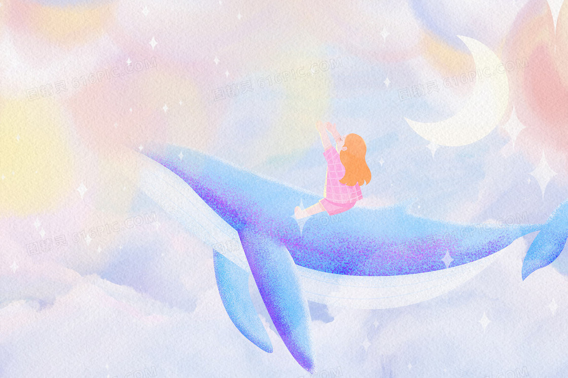 唯美梦幻女孩骑鲸鱼在天空遨游插画