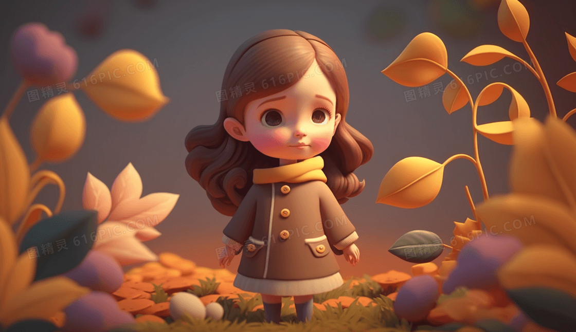 秋天唯美黏土风美丽落叶可爱俏皮的女孩插画