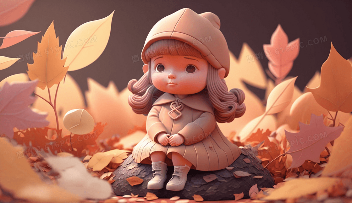 秋天唯美黏土风美丽的落叶可爱女孩插画