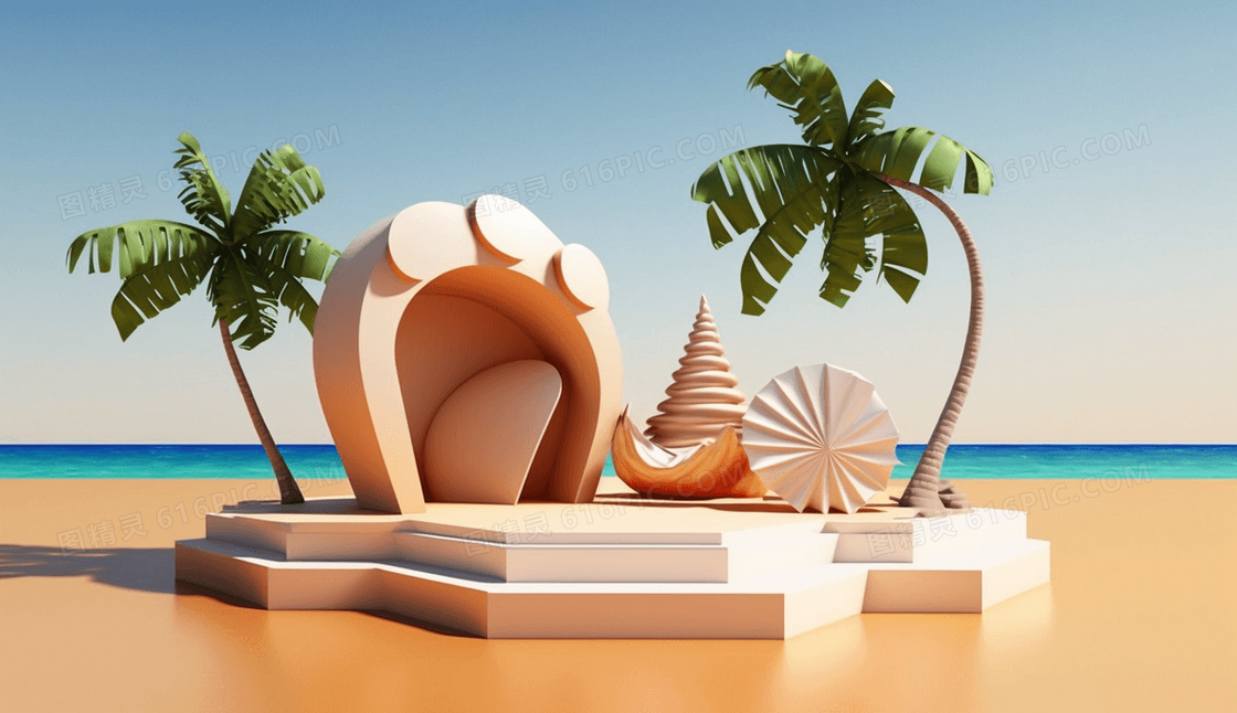 海边轻松度假热情夏天氛围台面展示模型插画