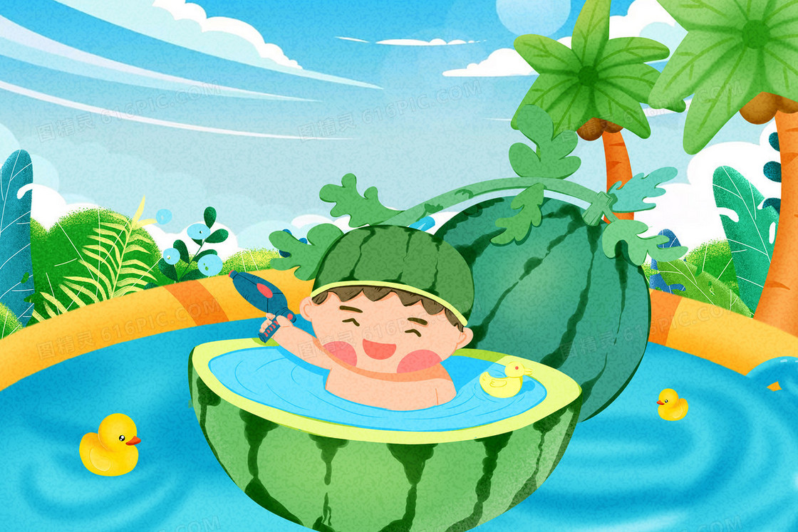 小男孩在西瓜泳池玩水创意插画
