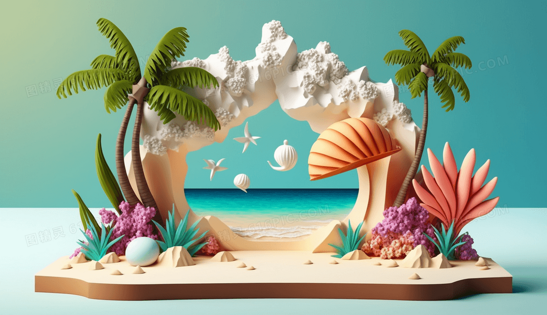 自由假期热情海边夏天氛围台面展示模型插画