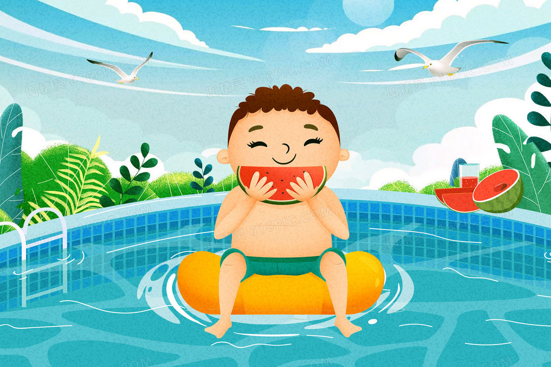 小男孩在游泳吃西瓜立夏节气插画