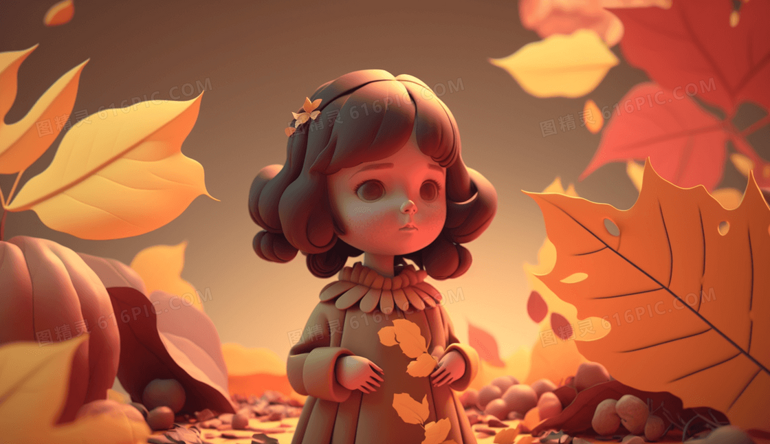 秋天唯美黏土风美丽落叶可爱的女孩插画