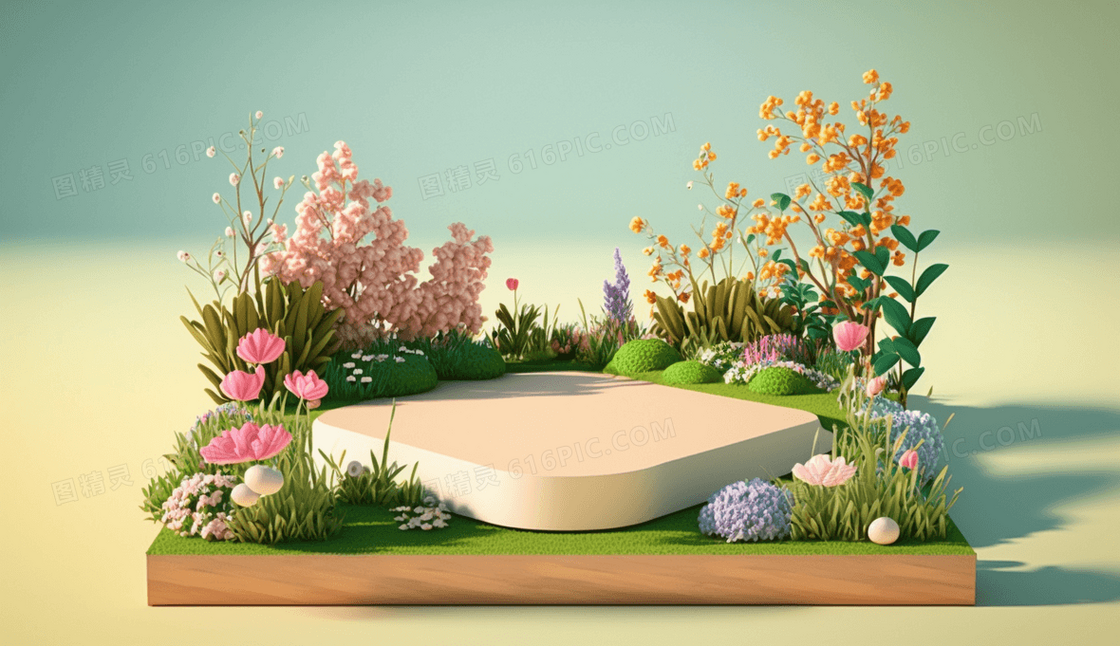 唯美浪漫花卉春天氛围台面展示模型插画