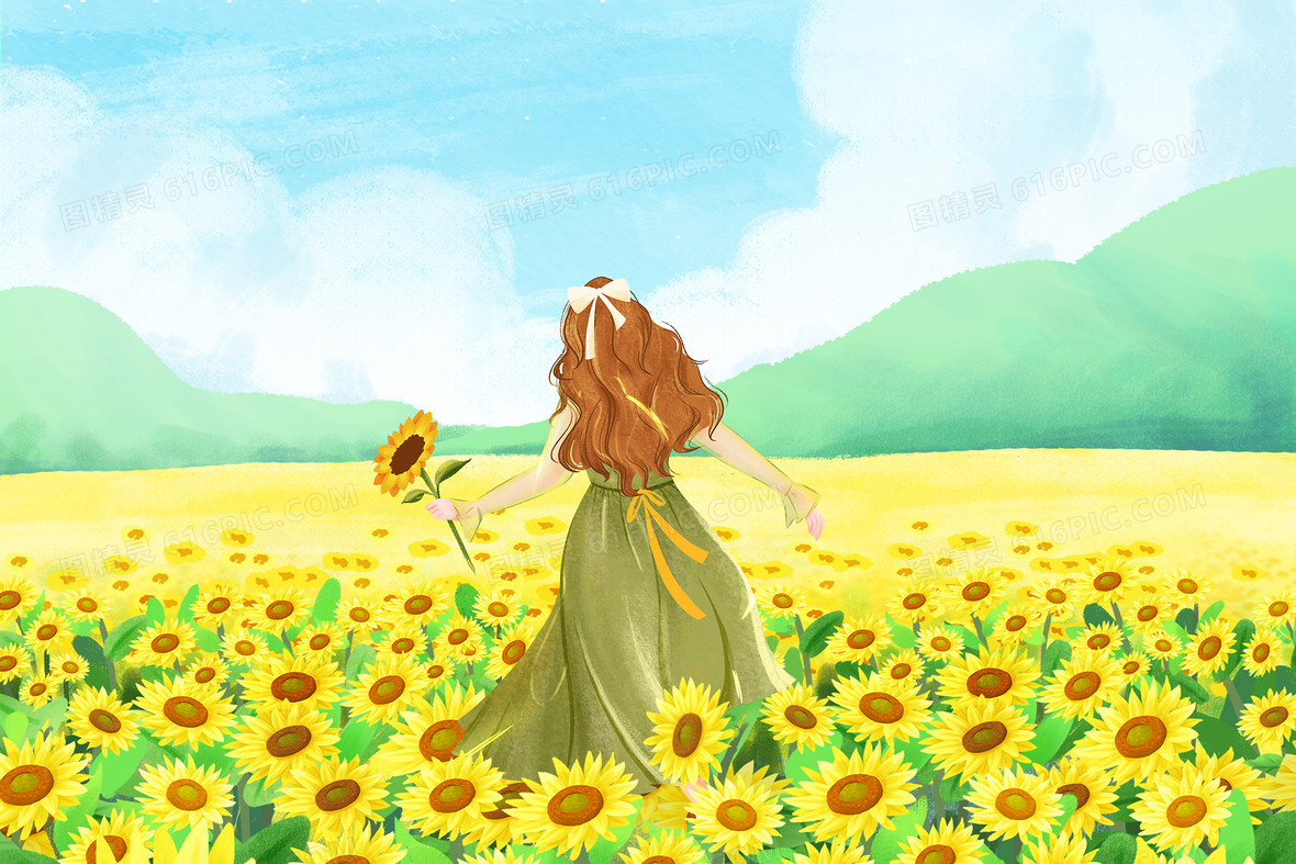 唯美清新夏日女孩站在向日葵花海游玩插画