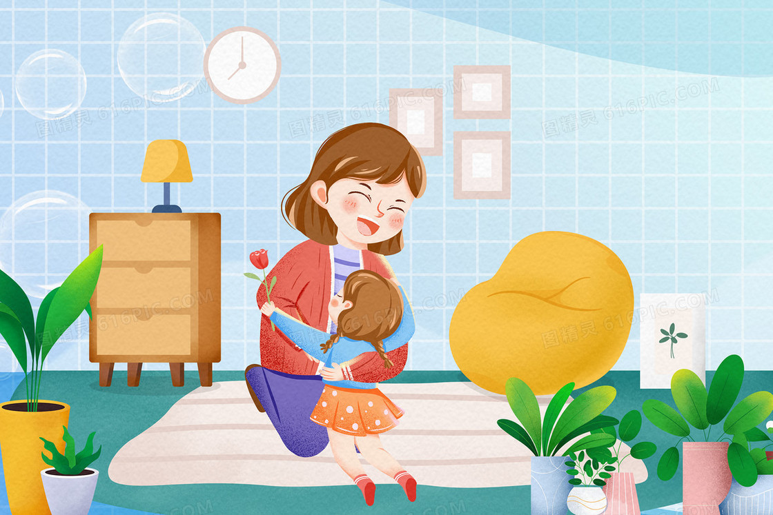 小女孩给妈妈送花拥抱妈妈温馨插画