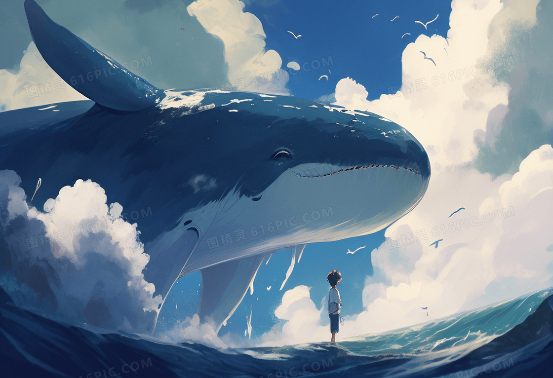 鲸鱼飞跃海面蓝天白云梦幻动漫风创意插画