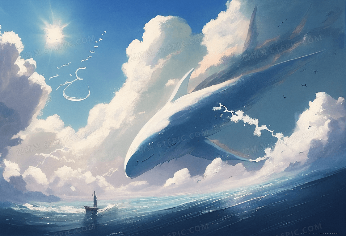 梦幻动漫风蓝天白云鲸鱼飞跃海面创意插画