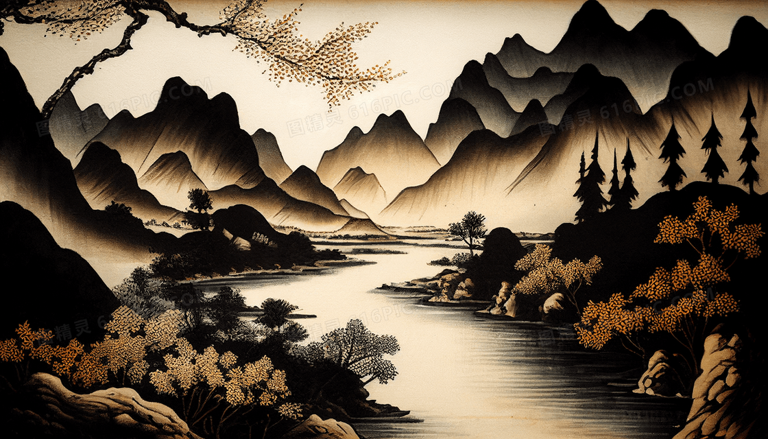 中国水墨山水画千里江山图古风插画