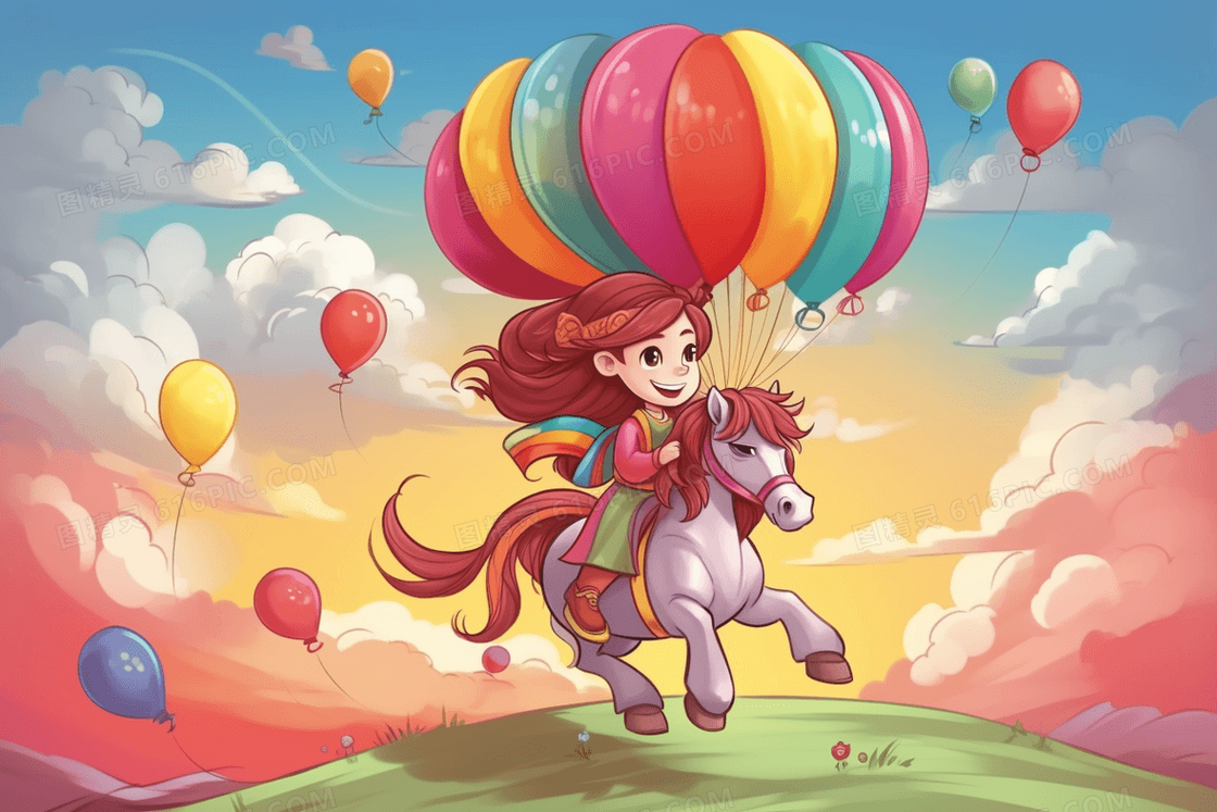 唯美彩虹女孩坐在马上开心的游玩创意儿童插画