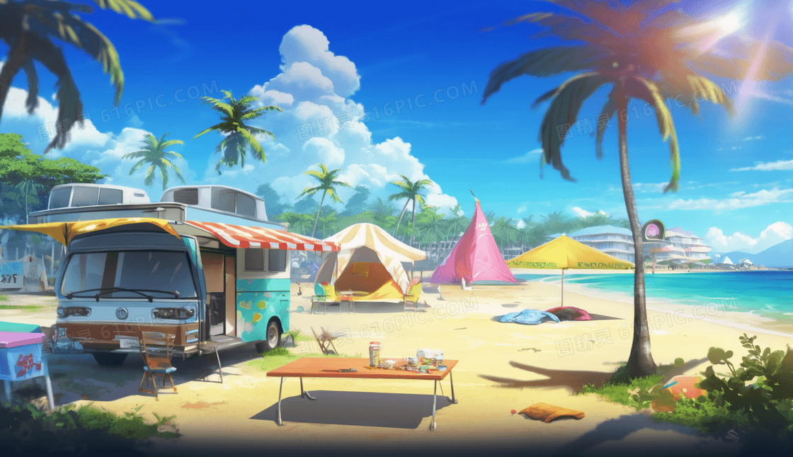 夏天海边露营蓝天白云度假插画