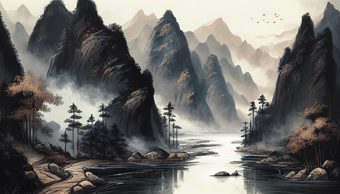 中国古风山水画千里江山图古风插画