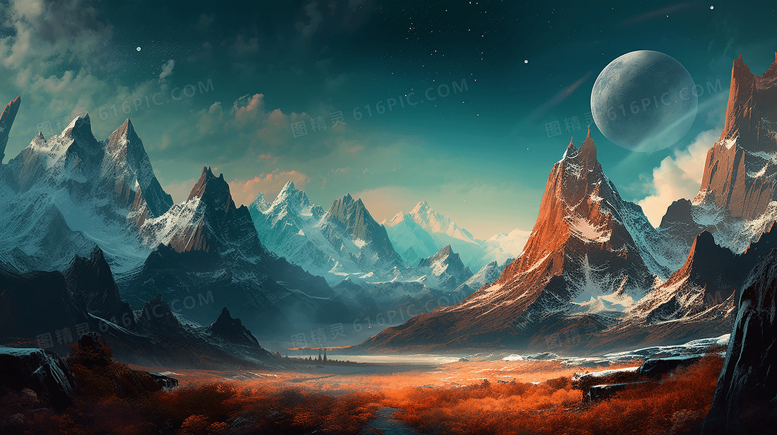 外星美景山川景观宇宙天空创意插画