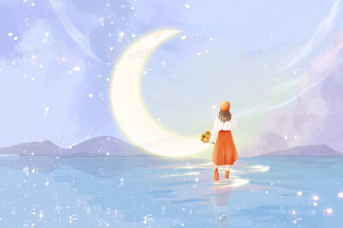 唯美梦幻月亮星空女孩背影插画
