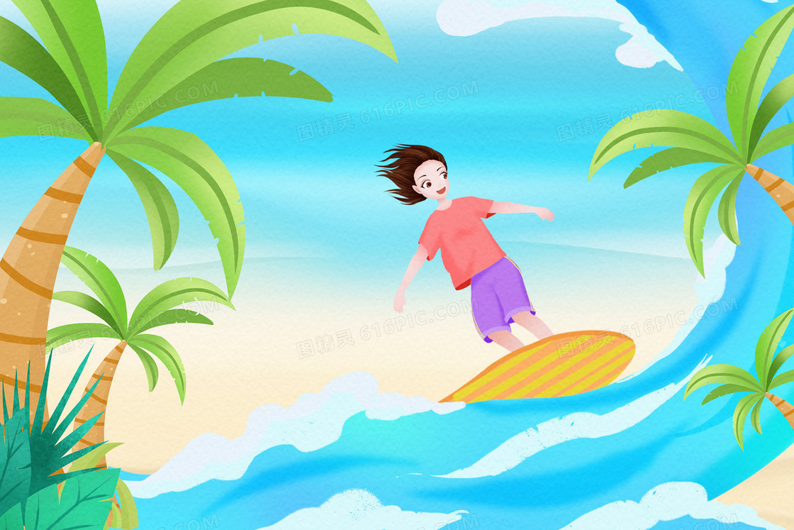 夏季海上冲浪插画
