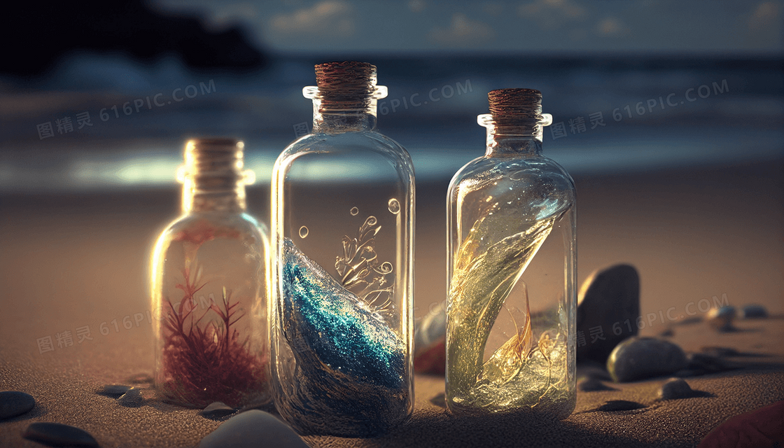 海边沙滩上的梦幻许愿瓶漂流瓶