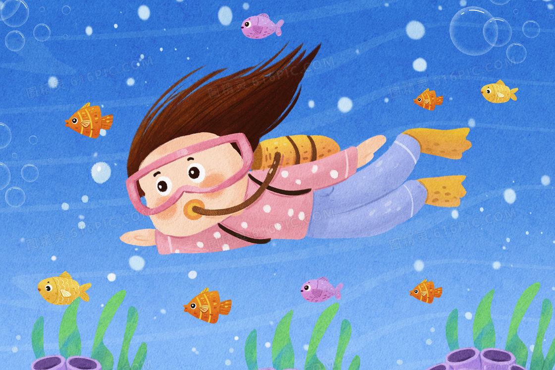 海底潜水女孩世界海洋日插画