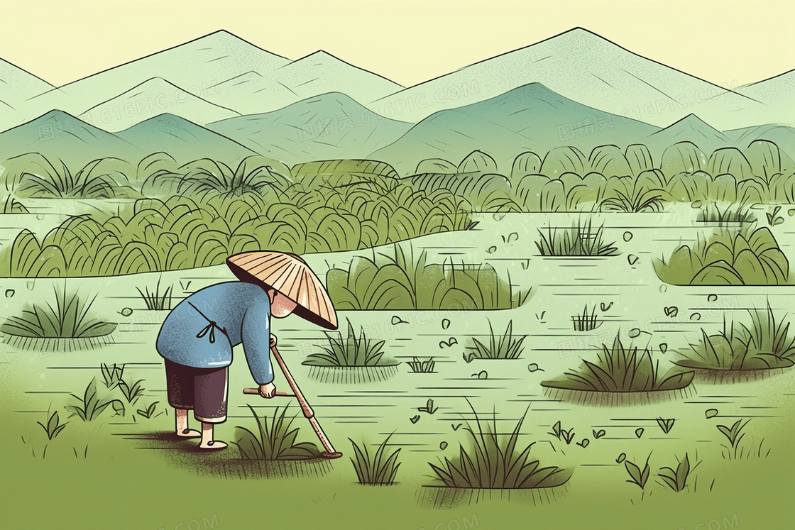 春天农民在户外稻田插秧劳作