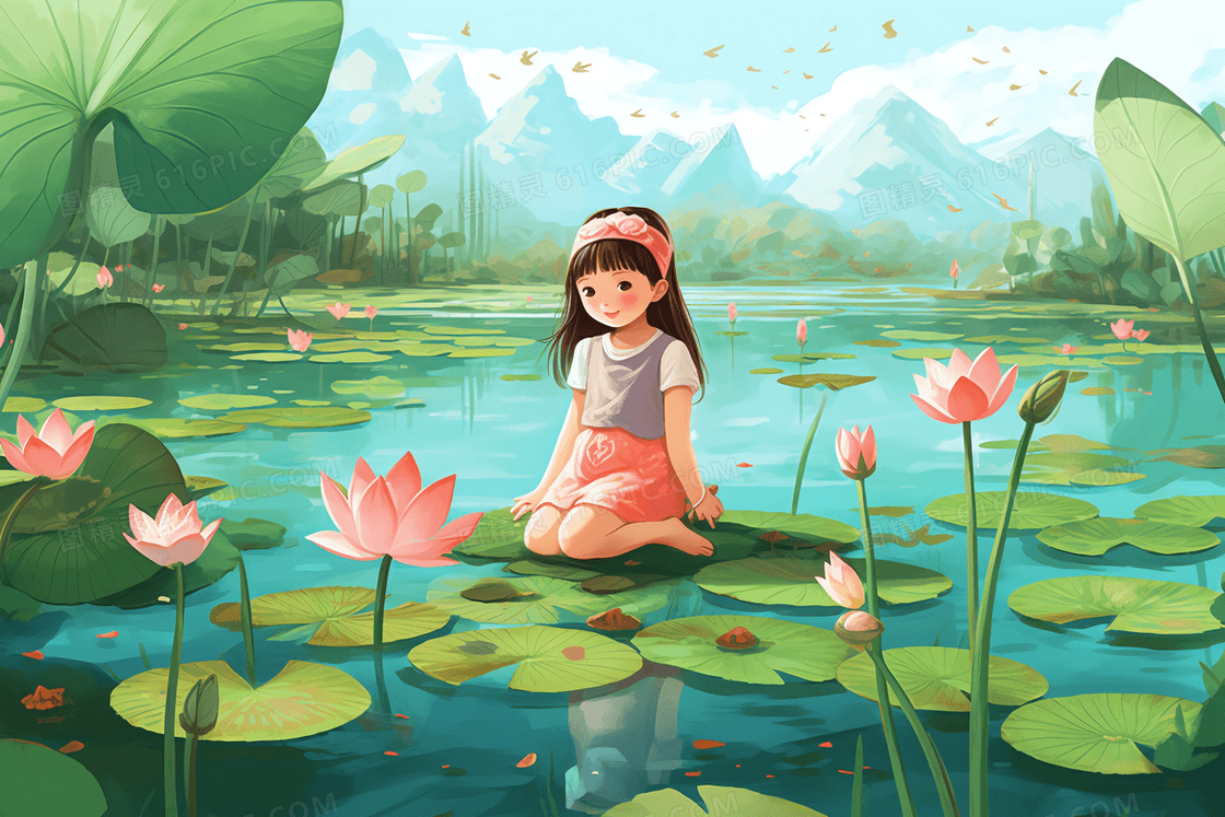 炎热夏天可爱的女孩坐在开满荷花的池塘中的莲叶上